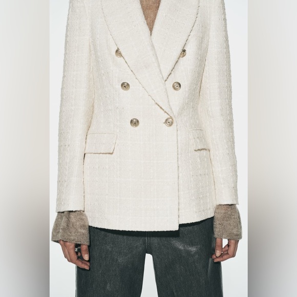 Zara   Double Breasted Textured Weave Blazer Jacket    Size XL - Picture 8 of 11